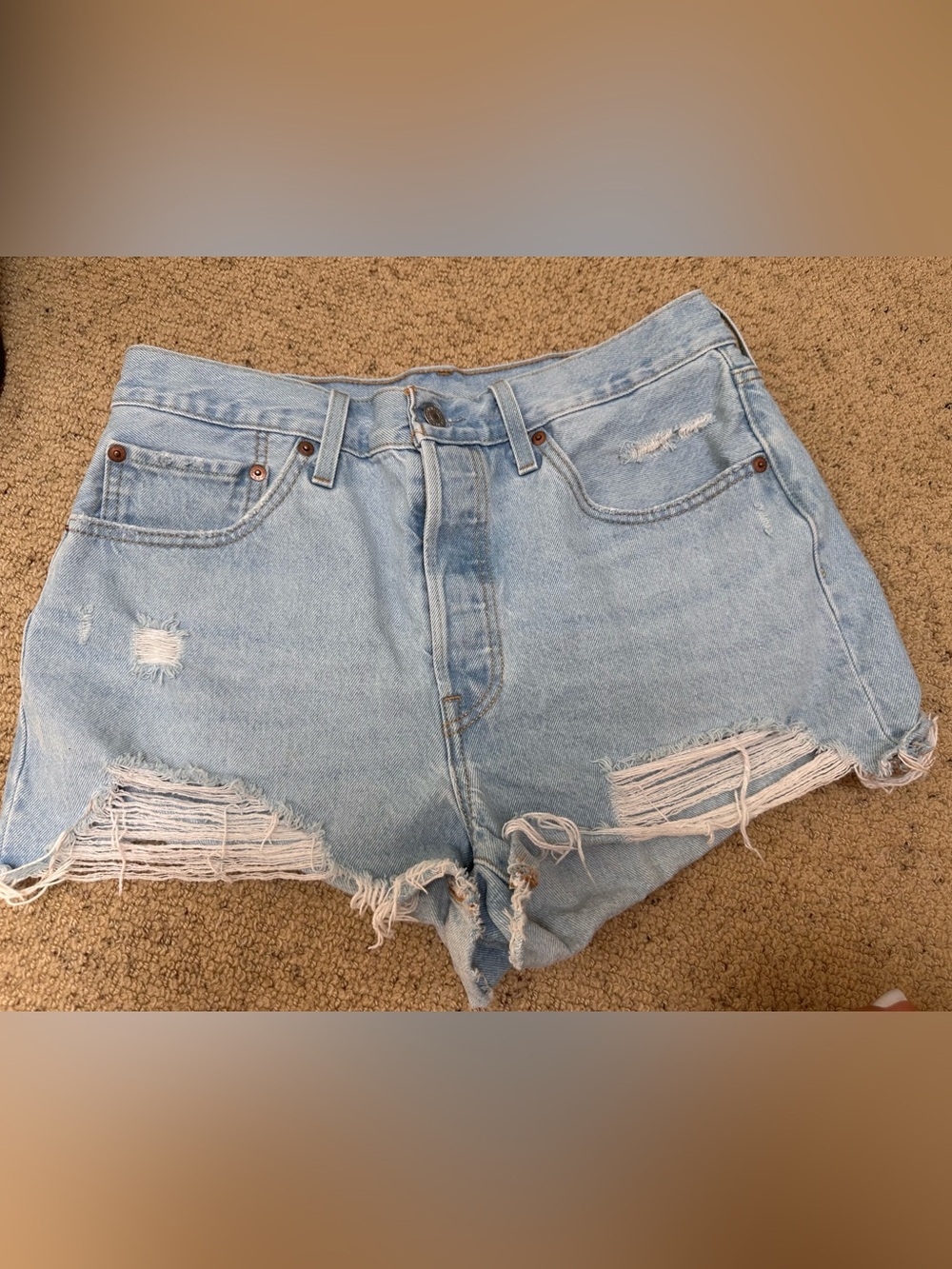 Levi’s Original 501 Distressed Light Blue Denim Shorts
